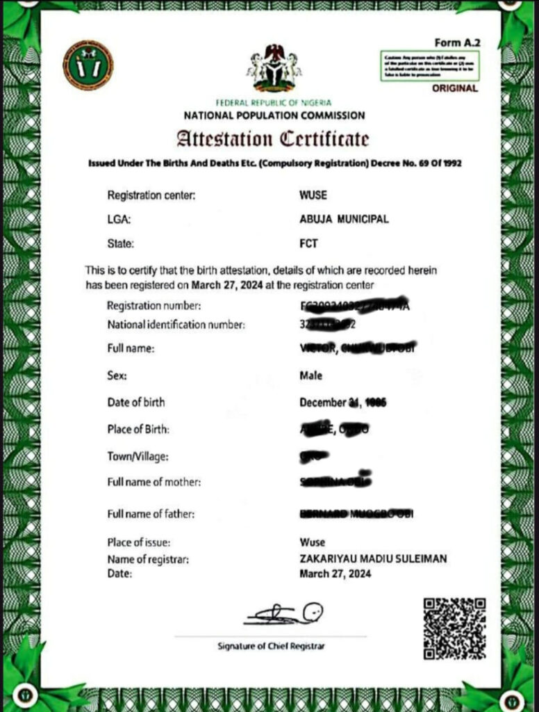 Sample of Nigerian birth certificate issued by the NPC