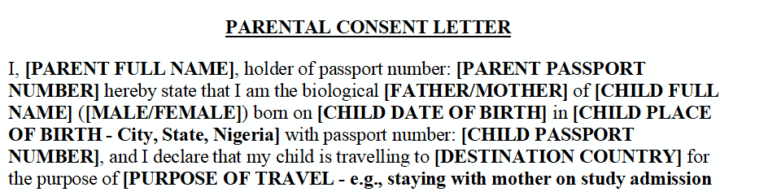 sample parental consent letter for child travel Nigeria format template