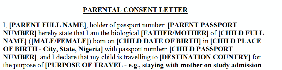 sample parental consent letter for child travel Nigeria format template