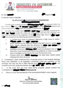 Example of Nigerian Ministry of Interior spinsterhood certificate and bachelorhood certificate also known as attestation of marital status or single status certificate